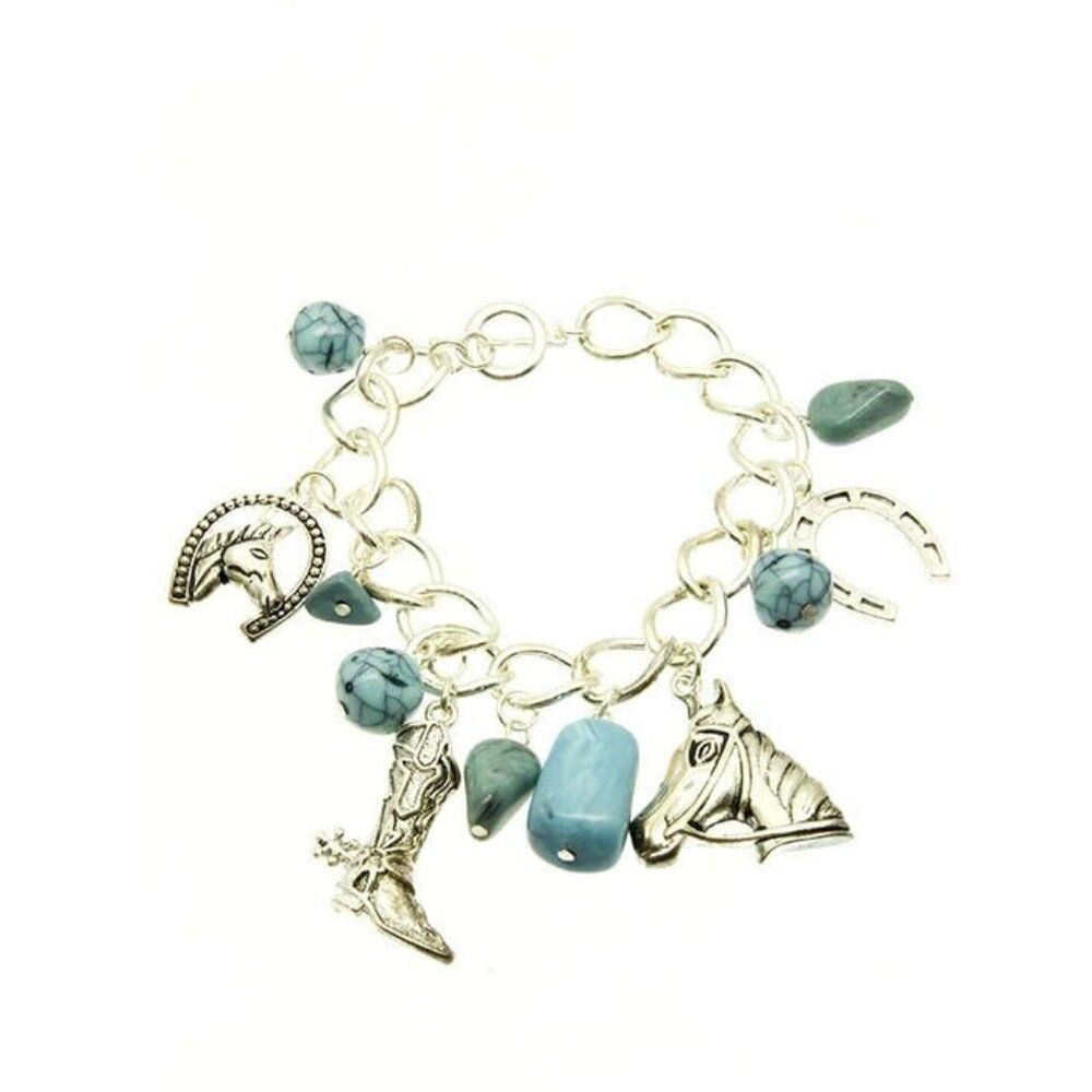 Silver Western Cowgirl Rockabilly Turquoise 7-1/4" Horseshoe Boot Charm Bracelet